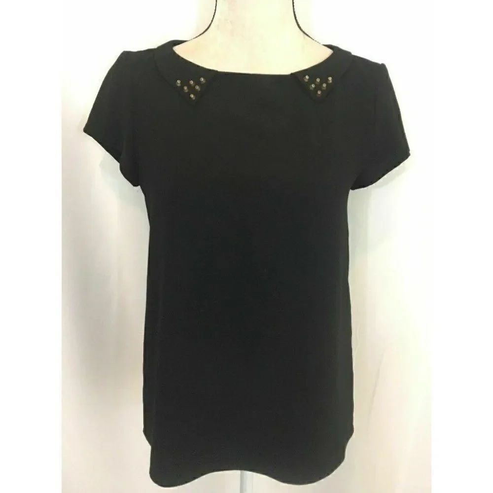 Zara Womens Black Bronze Studded Short Sleeve Sheer Top t shirt crew neck Small